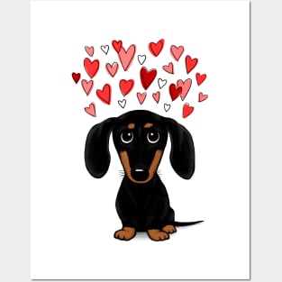 Cute Wiener Dog | Black and Tan Dachshund with Valentine Hearts Posters and Art